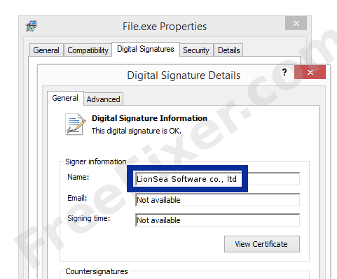 Screenshot of the LionSea Software co., ltd certificate